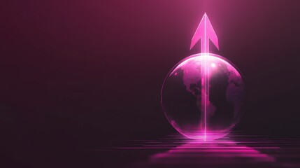 Glowing pink arrow rising from a glass Earth globe, symbolizing global growth and progress.