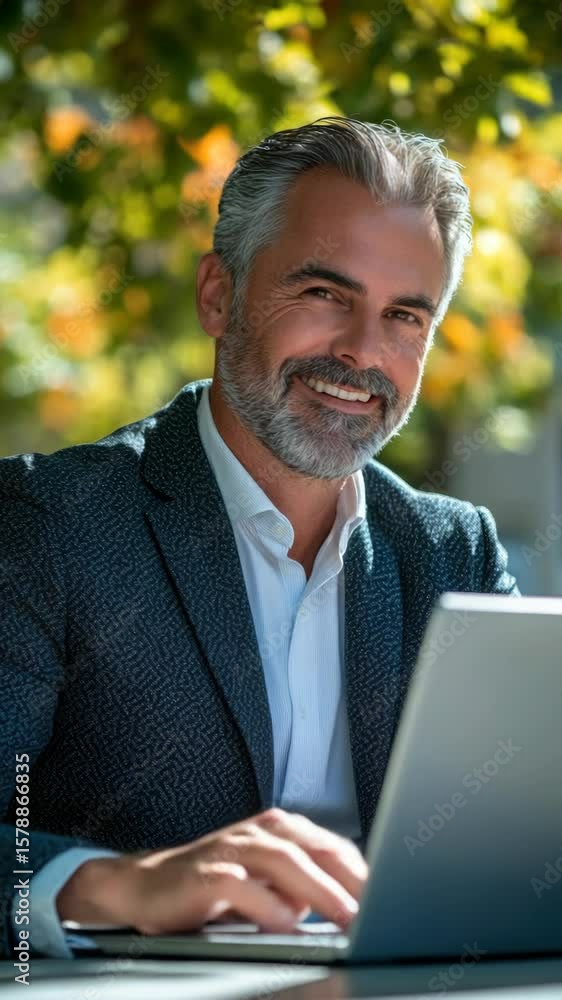 Poster happy man using computer outside.