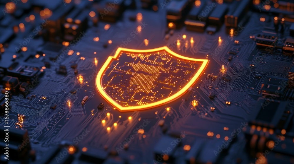 Poster glowing shield icon on a circuit board, symbolizing cybersecurity and digital protection.