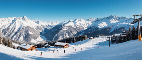 Panoramic ski resort in the alps with snowy mountains and skiers and blue sky over a snow-covered slope, with skiers enjoying the weather shows mountain panorama.