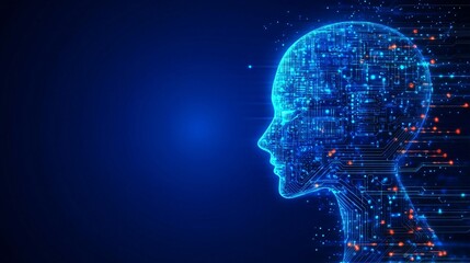 Digital rendering of human head silhouette with glowing blue particles representing artificial intelligence and data processing.