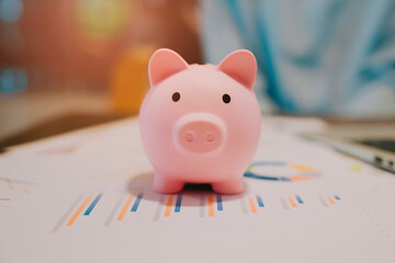 Cute Pink Piggy Bank on a Financial Report Background with Charts and Graphs in a Bright Office...