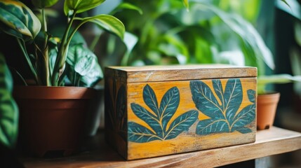 Decorative wooden box with leaf motifs, background of potted plants