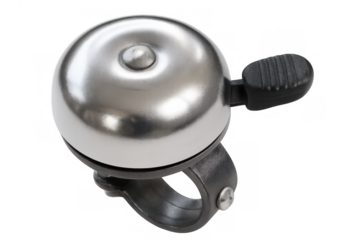 Polished metal bicycle bell with black lever, mounted on adjustable bracket, gleaming against transparent backdrop