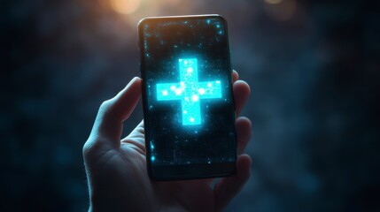 Hand holding smartphone displaying glowing medical cross symbol.