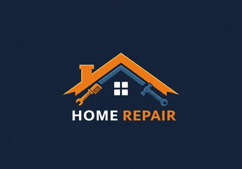 Home repair logo with wrench and hammer forming roof over house with window on navy background