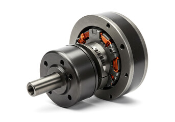 Close up shot of a grey metal motor with copper wiring on a white background in studio lighting