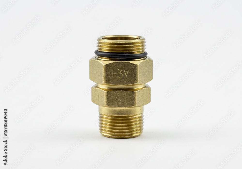 Poster close up of a brass fitting with threads and hex nut sections on a white background in studio lighti