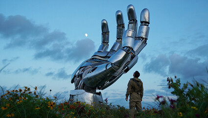 3D render of a man walking on grassy hill under blue sky with trees and clouds outdoors silhouette