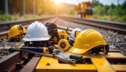 Safety equipment including helmets and tools arranged on railway tracks during sunset