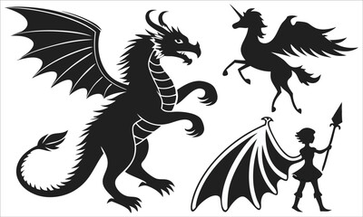 Dragon unicorn warrior winged silhouettes wings