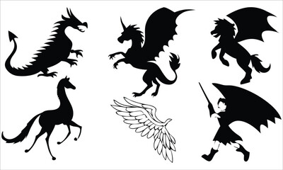 Obraz premium Mythical creatures and winged horse dragon unicorn