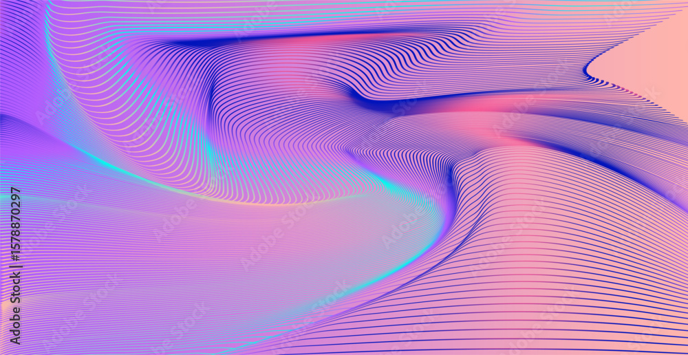 Poster abstract vector background in futuristic style features flowing curved lines with gradients of pink,