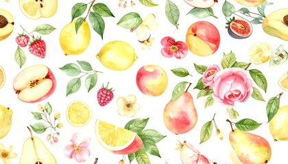 Watercolor fruit & flower seamless pattern