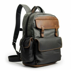 Naklejka premium Modern backpack combining canvas and leather, offering a blend of practicality and style, perfect for everyday use