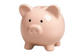 Pink ceramic piggy bank symbolizing financial planning, resting on clean transparent surface
