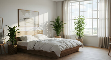 Fototapeta premium Serene bedroom interior with a wooden bed white linens and lush green plants near a large window