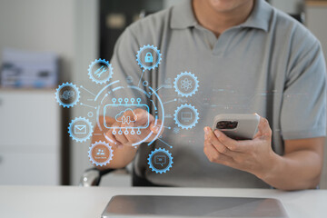 Digital transformation technology strategy, Person using laptop, tablet and smartphone with of...