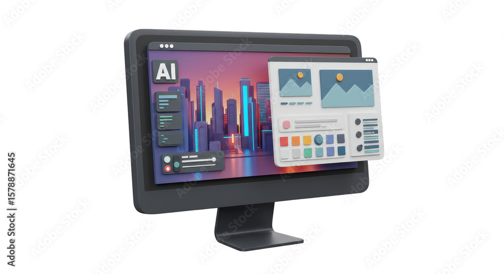 Fototapete 3d render computer display software interface application workspace