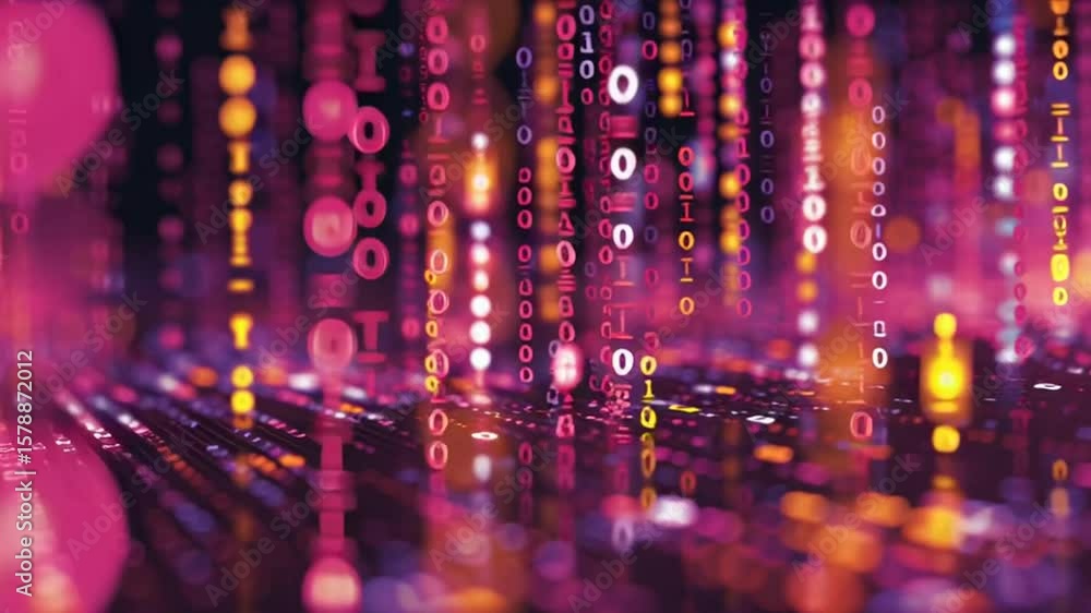 Poster vibrant binary code streams in a futuristic digital environment