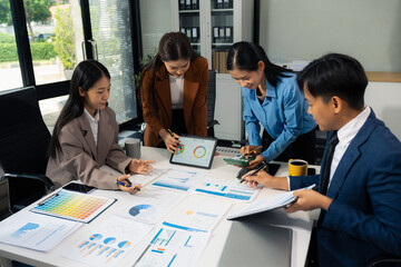 Business team present. professional investor working new start up project. tablet laptop computer...