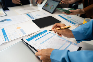 Business team present. professional investor working new start up project. tablet laptop computer with digital marketing media in virtual icon design Finance managers meeting.