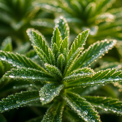 A macro shot of a cannabis leaf with water droplets. A concept for medical marijuana, CBD oil, and the legal hemp industry.