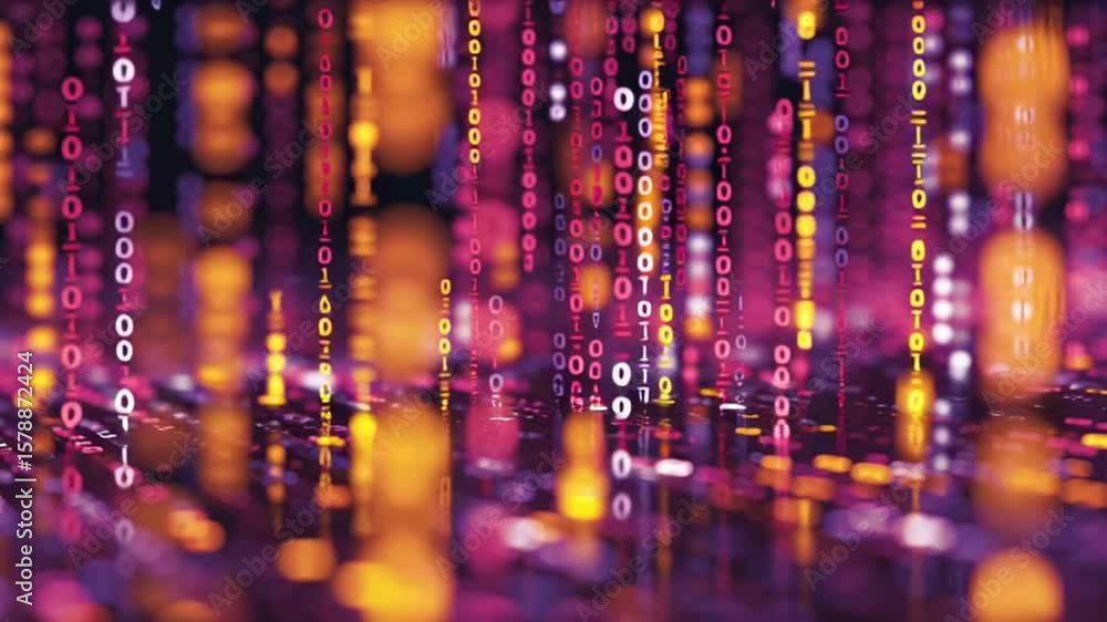 Poster vibrant binary code streams in a futuristic digital environment
