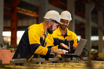 laptop computer : engineer worker working control sheet metal roof machine at metal sheet profiling factory. Industrial production. Service and Maintenance of factory machinery