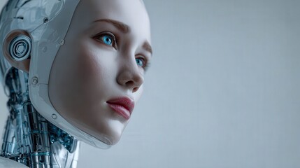 Futuristic robotic woman with blue eyes in a modern setting