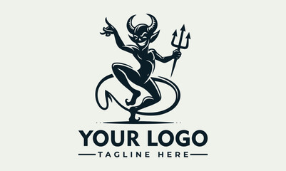 Playful devil logo design, dancing imp with trident, dark silhouette, brand identity.