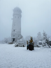 Observation tower on snow-covered Mount Wielka Sowa, Poland, winter scene © Yunona