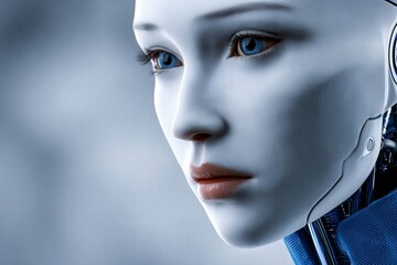 Futuristic humanoid robot with striking blue eyes and perfect skin