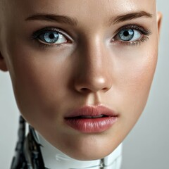 Close-up of a humanoid robot with striking blue eyes