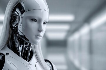 Robotic figure in a high-tech corridor showcases advanced design