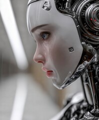 A detailed view of a humanoid robot showcasing intricate features