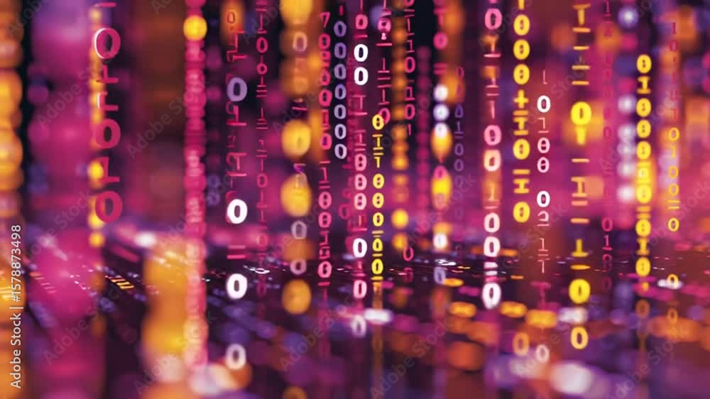 Poster vibrant digital code streams in a futuristic setting