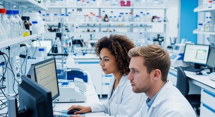 Caucasian male and african female scientists working in modern laboratory