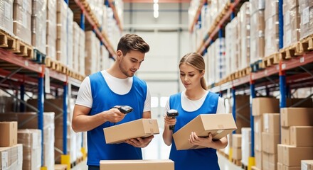 Caucasian male and female workers scanning packages in warehouse aisle