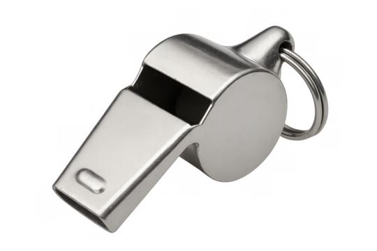 Metal whistle isolated on transparent background, perfect for signaling or refereeing in sports, games, or emergency situations