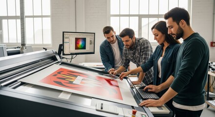 Collaborative team of young caucasian adults working on large-scale printing project