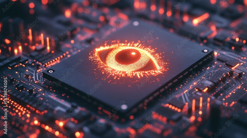 Poster glowing eye symbol on a computer microchip, representing digital surveillance or ai.
