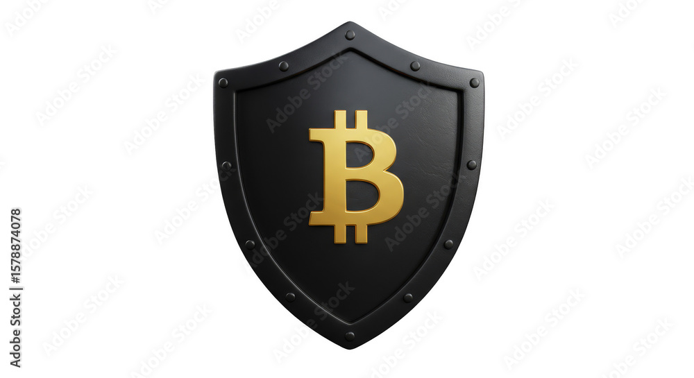 Poster 3d render golden bitcoin symbol on shield secure digital currency