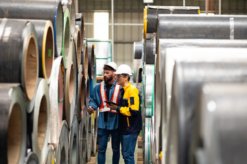 Steel Rolls in Steel Mill. Professional Mechanical Engineer team employees checking production line...