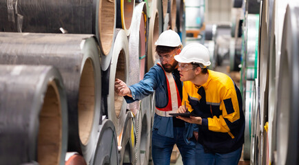 Steel Rolls in Steel Mill. Professional Mechanical Engineer team employees checking production line in wire warehouse. Engineer checking steel rolls. Product quality Inspection