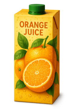 Refreshing orange juice carton with water droplets on transparent background