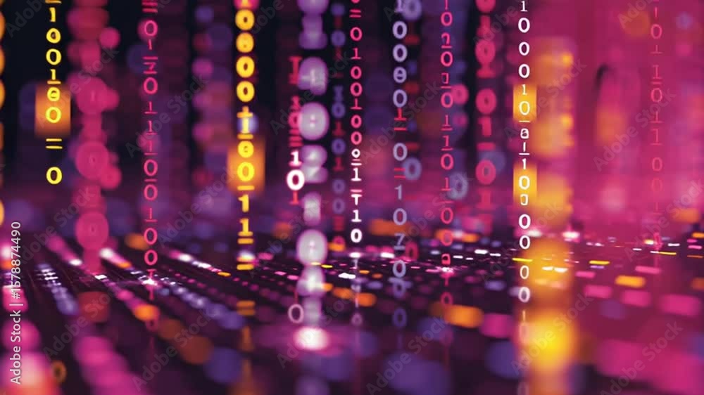Poster vibrant binary code streams in a futuristic digital space