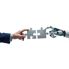 3D Render Human AI Hands Connect Silver Puzzle Transparent Background