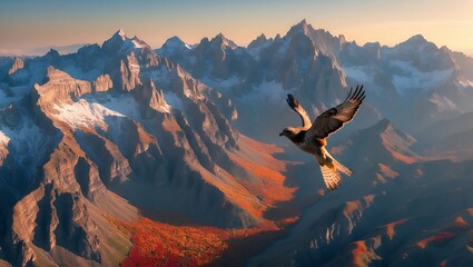 Eagle soaring over mountain range with fall foliage at sunset