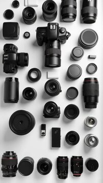 Photography equipment arrangement on white background, including camera bodies, lenses, memory cards and microphone
